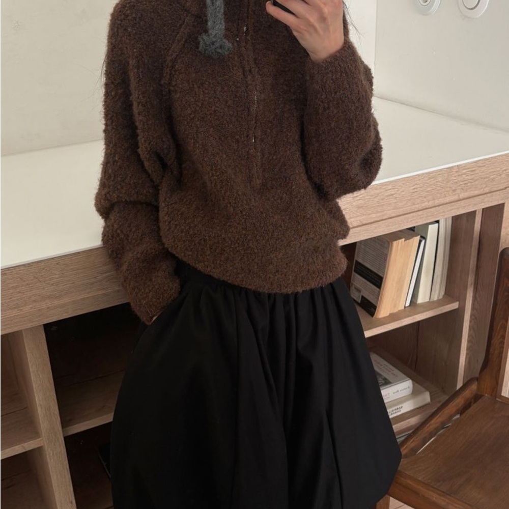 Maybe Baby Half-Zip Boucle Sweater Brown Korean Brand
